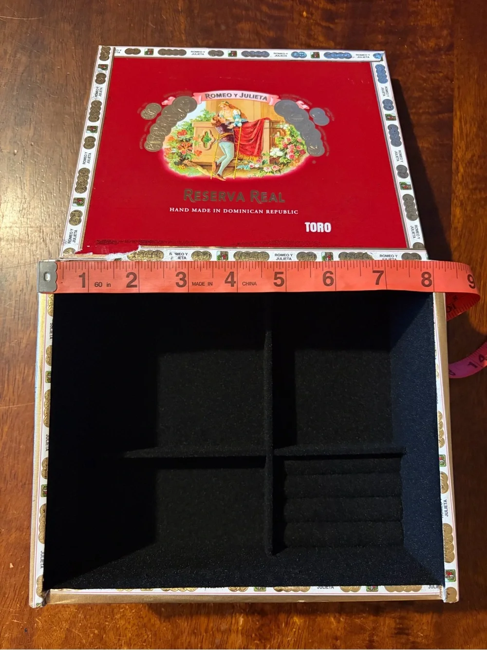 Upcycled Romeo y Julieta Reserva Real Toro Cigar Box Jewelry Organizer Black Red